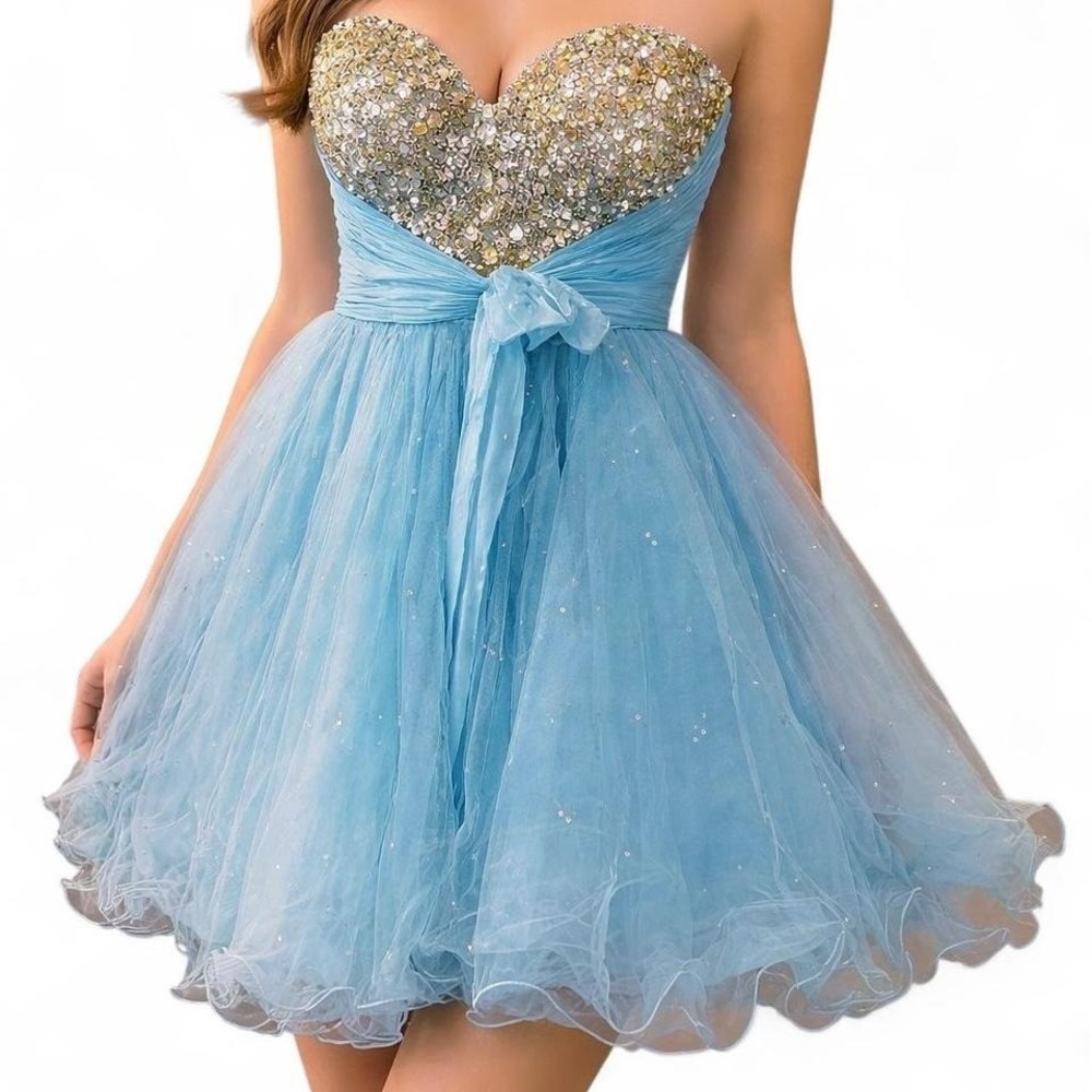 Sherri Hill Strapless Tulle Prom Dress Light Blue 6 Sequin Sweetheart Formal - Picture 2 of 7